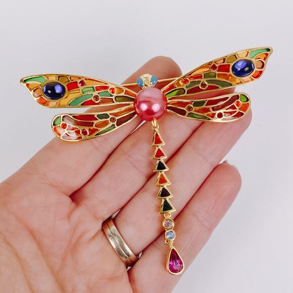 VTG Joan Rivers Signed Dragonfly Brooch Gold Tone Enamel Articulated Colorful - Picture 2 of 12